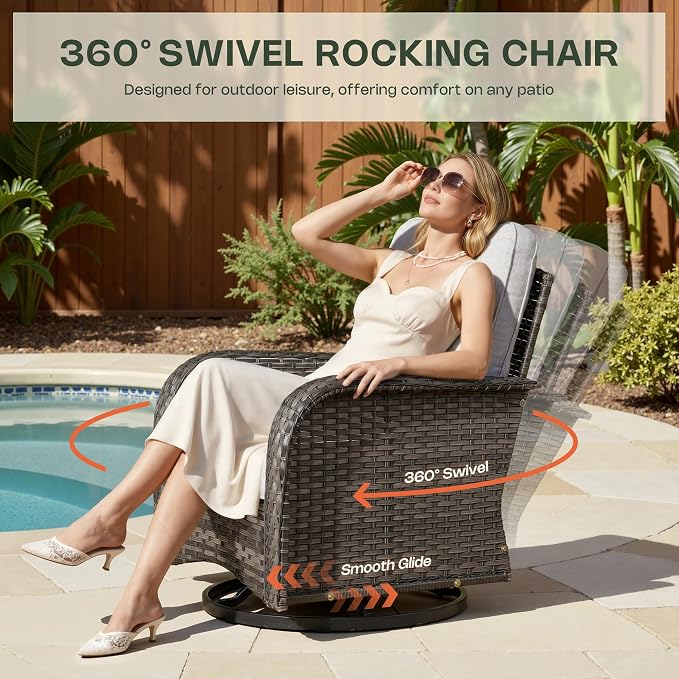 7-Piece Patio Furniture Set, Outdoor Wicker Furniture with Coffee Table, High Back Swivel Rocker Patio Chairs, Modern Rattan Outdoor Chairs Conversation Set for Porch, Balcony, Garden, Grey
