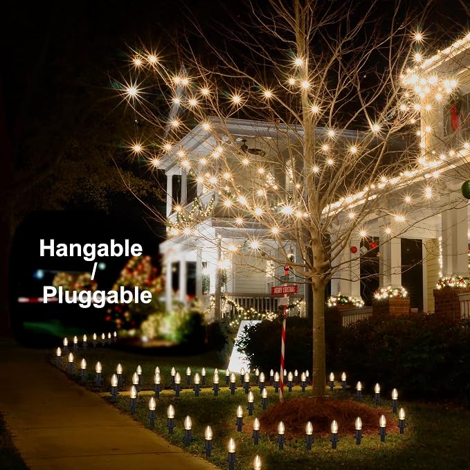 TIORIY Outdoor Warm Christmas Pathway Lights, 24.2ft 20 Lights with Stakes, Outside Walkway Marker, C9 Christmas Decor, Driveway Decorations, Waterproof, Hanging or Plugging