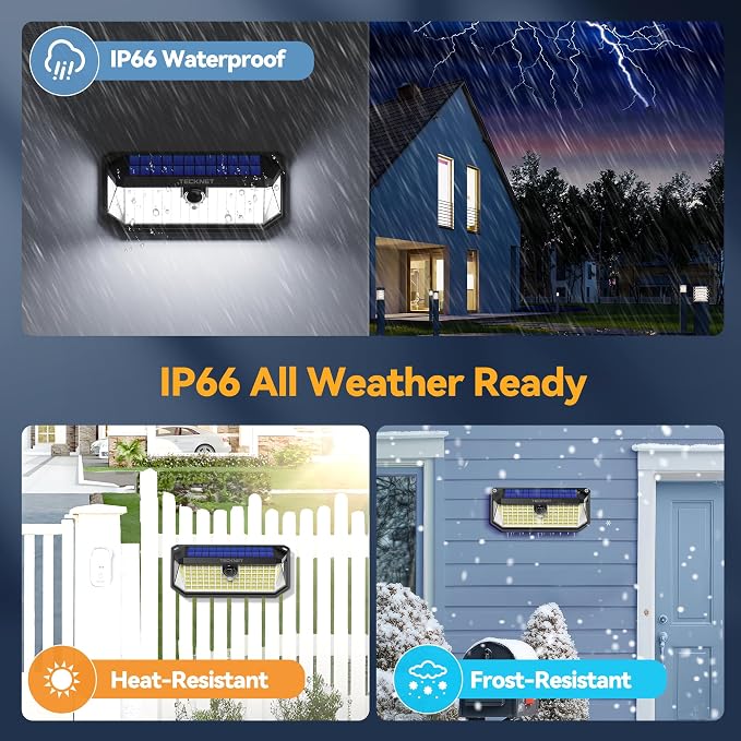 TECKNET 416 LED Solar Lights Outdoor Motion Sensor Waterproof 4200lm,2 Pack | IP66 Waterproof, 300° Wide Angle & 3 Modes Motion Sensor Solar Flood Wall Lights for Patio, Fence, Deck, Garage & Street