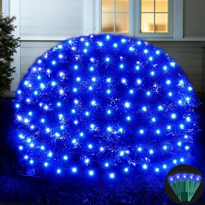 Led Net Lights Christmas Lights Outdoor 200Leds 9ft x 6ft Upgraded Blue Christmas Net Lighting, Waterproof 5mm LED Wide Angle Outdoor Indoor Mesh Net Light for Trees, Bushes, Shrubs Decorations