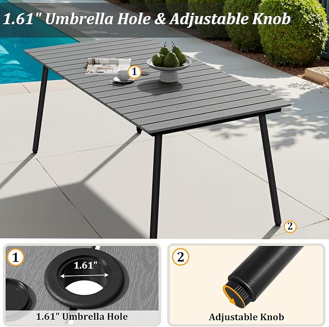 83" Patio Outdoor Dining Table for 6-8, Weather-Resistant Wood-Grain Top with Aluminum Frame & Umbrella Hole for Deck Gatherings, Grey
