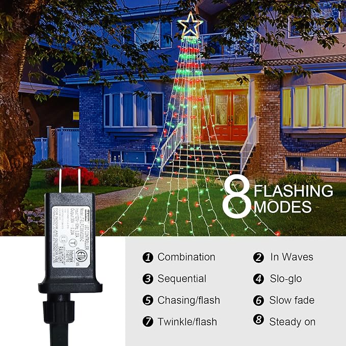 Christmas Decorations, Outdoor Christmas Lights, 320 LED Outdoor Christmas Tree String Lights with 12" Star Toppers [8 Modes& Waterproof] for Xmas New Year Holiday Decor (Red & Green)