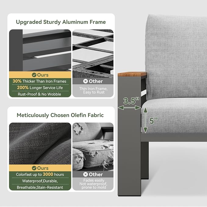 Aoxun Patio Furniture Set, 7 Piece Aluminum Patio Sets with 5" Thicken & Washable Cushion, Waterproof Outdoor Furniture with Coffee Table, Outdoor Couch Sectional for Backyard, Porch and Garden