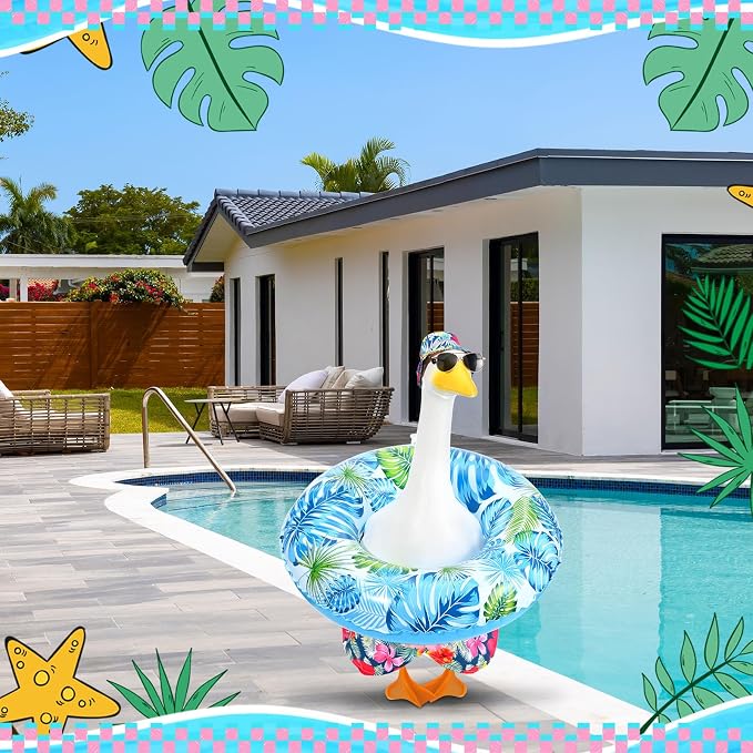 Summer Goose Outfits Porch Goose Hawaiian Outfit Swimming Goose Clothes with Swim Trunks Sun Hat Sunglasses Swim Ring for 23'' Geese Statue Spring Summer Decor (Colorful Tropical Floral)