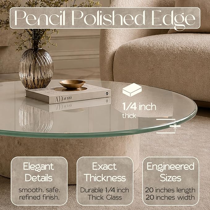 20 inch Round 1/4" Thick Pencil Polished Edge Glass Table Top with 6 Bumpers - Tempered, Scratch Resistant & Safety Replacement Glass Designed for Dining, Coffee, Patio & End Tables