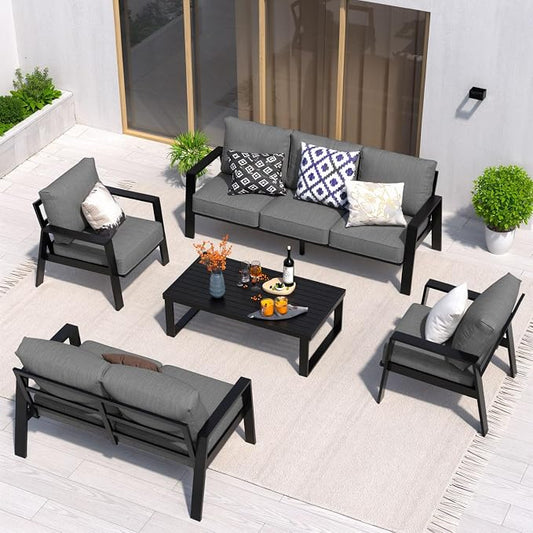 Aluminum Outdoor Patio Furniture Set, 5 Piece Sectional Coversation Sets with Coffee Table, Modern Outdoor Sofa Couch with Thick Cushions for Porch, Balcony, Garden, Dark Gray