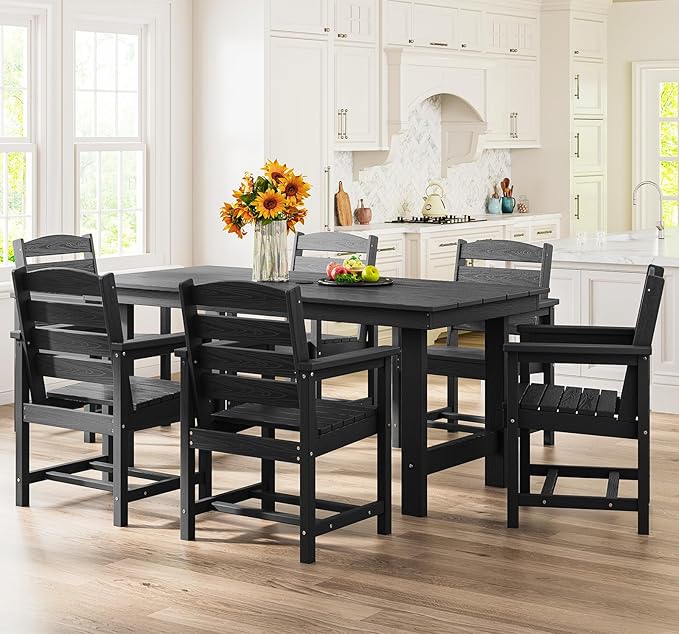 SERWALL 7 Pcs Outdoor Dining Set, 1 Umbrella Hole Table & 6 Chairs, Black | HDPE Outdoor Dining Furniture with Rectangular Table & 6 Chairs, All-Weather Resistant SERWALL Dining Set for 6