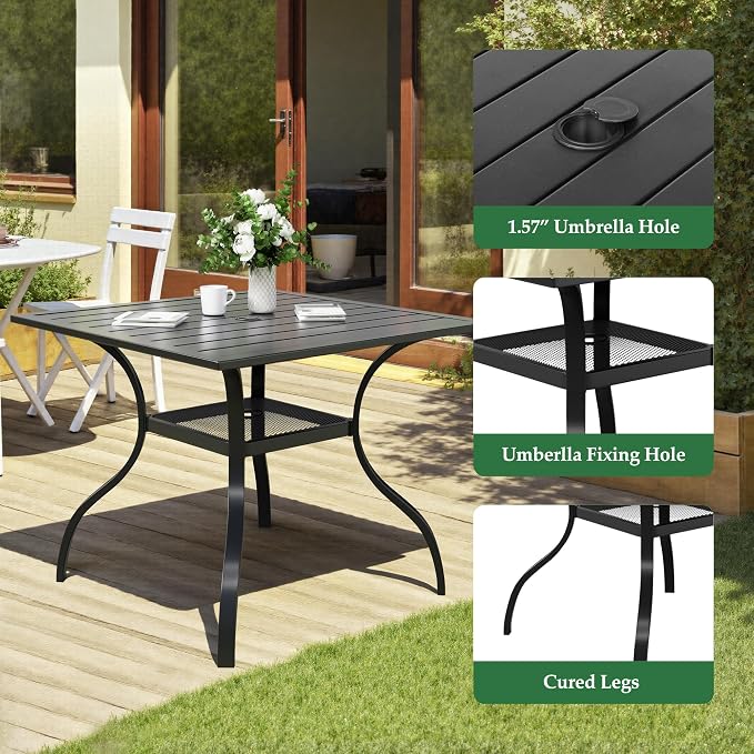 Oakcloud 5-Piece Patio Dining Set, Outdoor Metal Furniture Dining Table Set 4 Stackable Patio Dining Chairs and Square Dining Table with Umbrella Hole, Black
