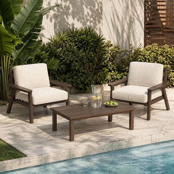 HDPE Outdoor Coffee Table, Weather-Resistant Rectangle Patio Coffee Table with Large Tabletop for Balcony, Deck, Garden, Poolside (Brown)