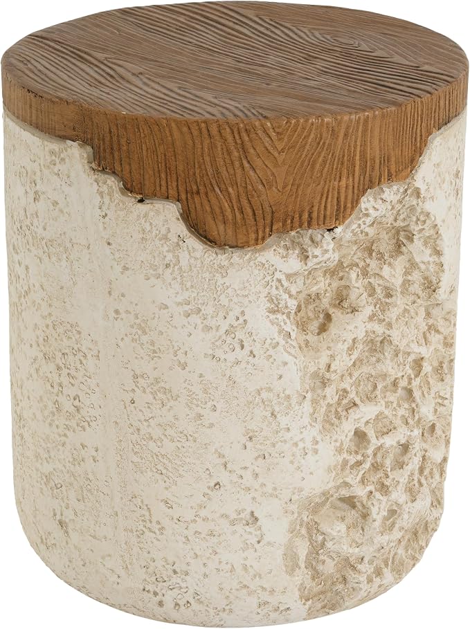 Outdoor Side Table, Modern Organic MGO Accent End Table for Patio, Living Room, Beige Tone Rustic Textured Base with Wood Grain Top