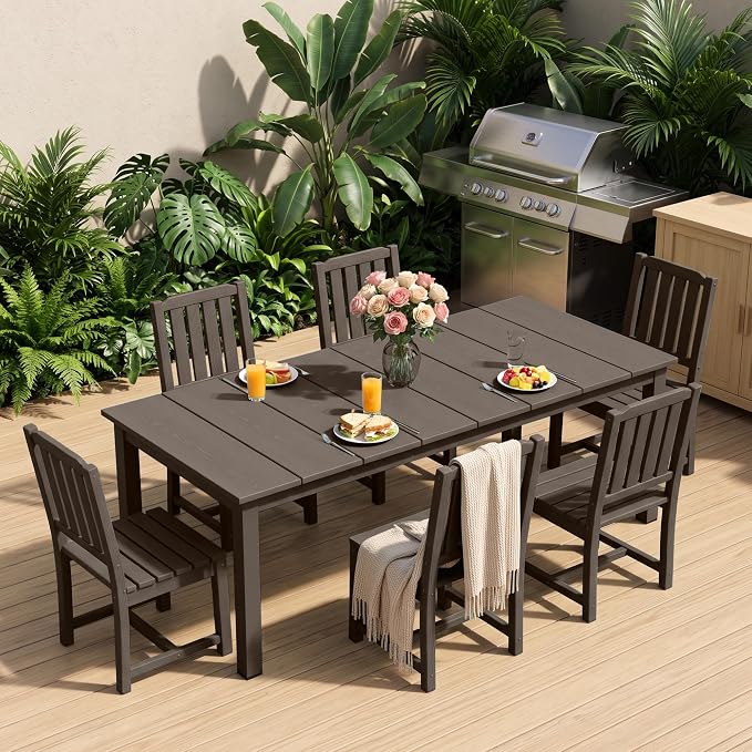 PLUUV 7-Piece Outdoor Dining Set – HDPE Patio Furniture with Umbrella Hole Table, Aluminum Legs, and 6 Armless Chairs, Weatherproof & Easy-Clean for Backyard, Garden, Coffee