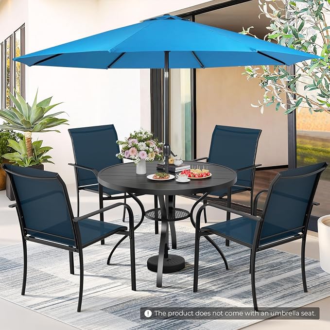 Incbruce 6 PCS Patio Dining Set with Sky Blue Umbrella, Outdoor Dining Set of 4 Textilene Chairs and 41" Round Table with Umbrella Hole for Backyard, Garden, and Poolside (Blue)