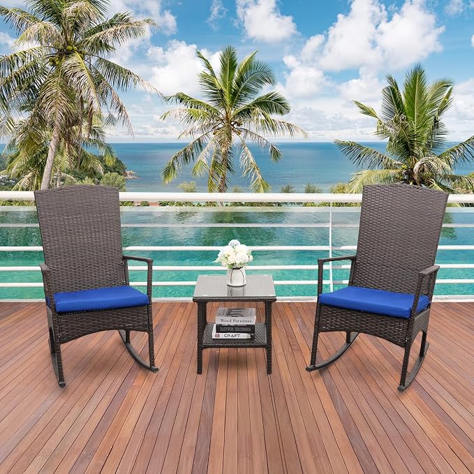 Outdoor PE Wicker Rocking Chair 3-Piece Patio Rattan Bistro Set 2 Rocker Armchair and Glass Coffee Side Table Furniture, Washable Lacing Cushion (Royal Blue)