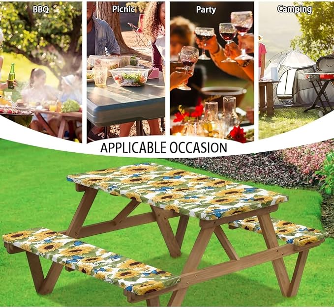 Sunflower Picnic Table Cover with Bench Covers Autumn Outdoor Camping Tablecloth Water and Oil Repellent Elastic Waterproof Picnic Table Cover 3 Piece Set for 6 Foot Tables