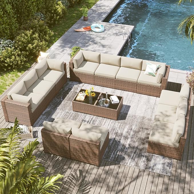 LazySunsets 14 Piece Outdoor Patio Furniture Set with Coffee Table, Outdoor Patio Furniture Sets with 4'' Thicken Cushion, Wicker Outdoor Conversation Set for Backyard & Garden, Beige