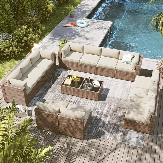 LazySunsets 14 Piece Outdoor Patio Furniture Set with Coffee Table, Outdoor Patio Furniture Sets with 4'' Thicken Cushion, Wicker Outdoor Conversation Set for Backyard & Garden, Beige