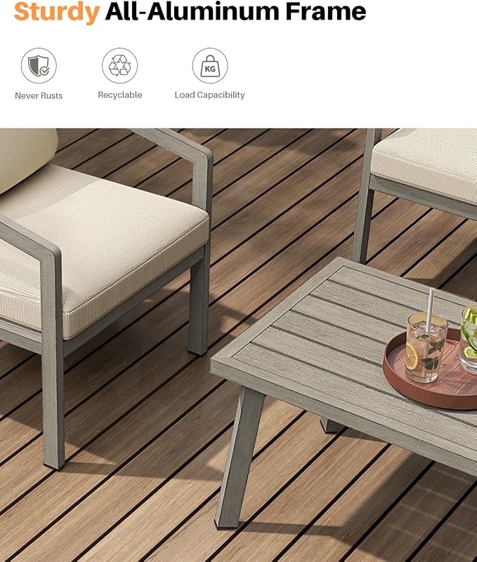 4-Piece Outdoor Sofa Set, Never-Rust Aluminum Patio Conversation Set with Thick Cushions, Outdoor Loveseat, 2 Patio Armchairs and Coffee Table for Outside, Poolside, Deck, Gray Oak