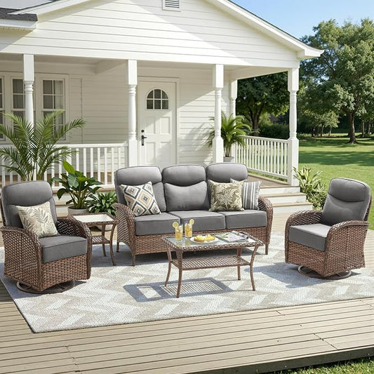 Luxury Outdoor Patio Furniture Set with 6-Inch Thick Cushions, 5 Pieces Wicker Outdoor Furniture with High Back Swivel Patio Chairs Set of 2, Outdoor Conversation Set for Deck Garden Porch, Gray