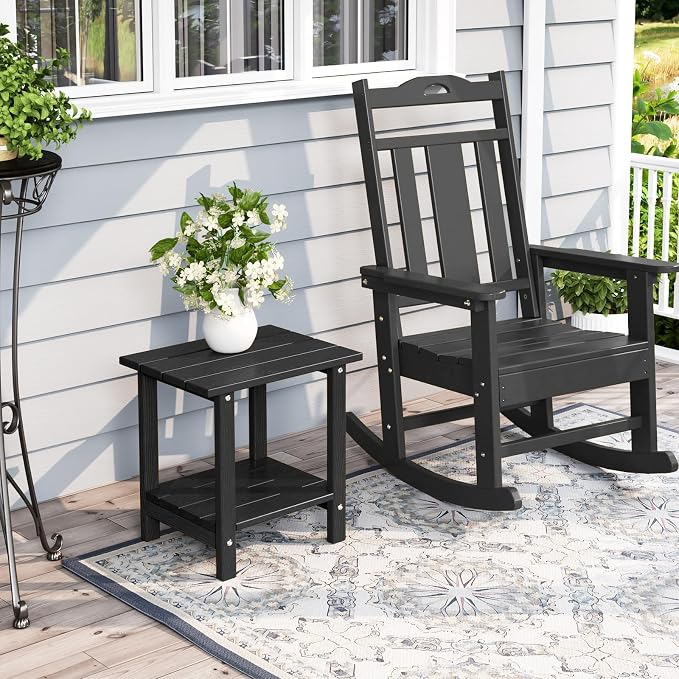 Adirondack Outdoor Side Table with Wood-Like Grain, 16.6" Small Patio End Table, 2-Tier HDPE Plastic Table for Poolside Porch Garden, Weather Resistant & Easy Assembly (Black, Rectangle)