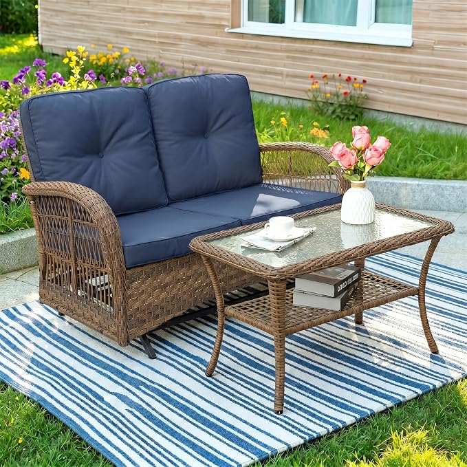 MEETWARM Outdoor Wicker Patio Glider Set, Loveseat for 2 Person Porch Furniture Glider with Glass-Top Coffee Table, Patio Glider Rocking Bench with Thickened Cushions, Navy Blue