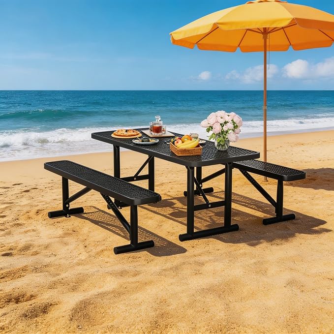 6FT Outdoor Metal Picnic Table with 2 Benches,Heavy Duty Rectangular Picnic Table Set for Outside, Waterproof Commercial Restaurant Table Furniture for Park, Campfield, Patio, Garden, Yard