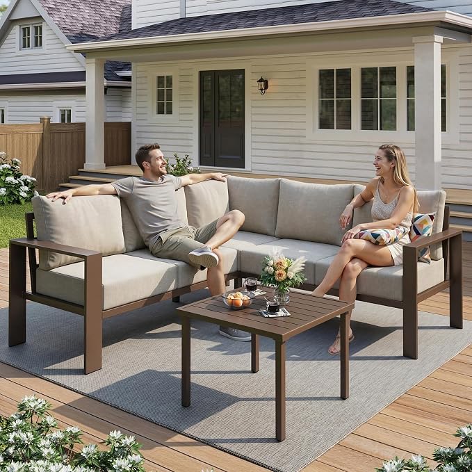 UDPATIO 6 Piece Patio Furniture Set, Metal Outdoor Sectional Sofa with 6" Thick Olefin Cushions, Wide Armrest & Coffee Table, L Shaped Outdoor Furniture for Garden, Backyard Beige