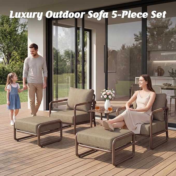 Outdoor Aluminum Patio Furniture Set, 5 Pieces Conversation Set with 6.5 Inch Cushions & 2 Ottomans, All-Weather Rust-Resistant Frame Conversation Set for Porch, Garden, Backyard, Brown