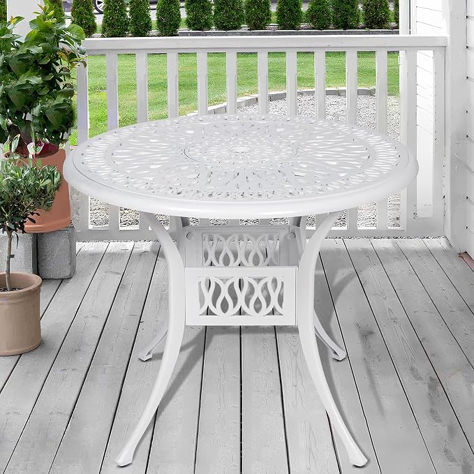 35.4 Inch Outdoor Dining Table Round Patio Table Bronze Cast Aluminum Rustic Large Table with Umbrella Hole, White