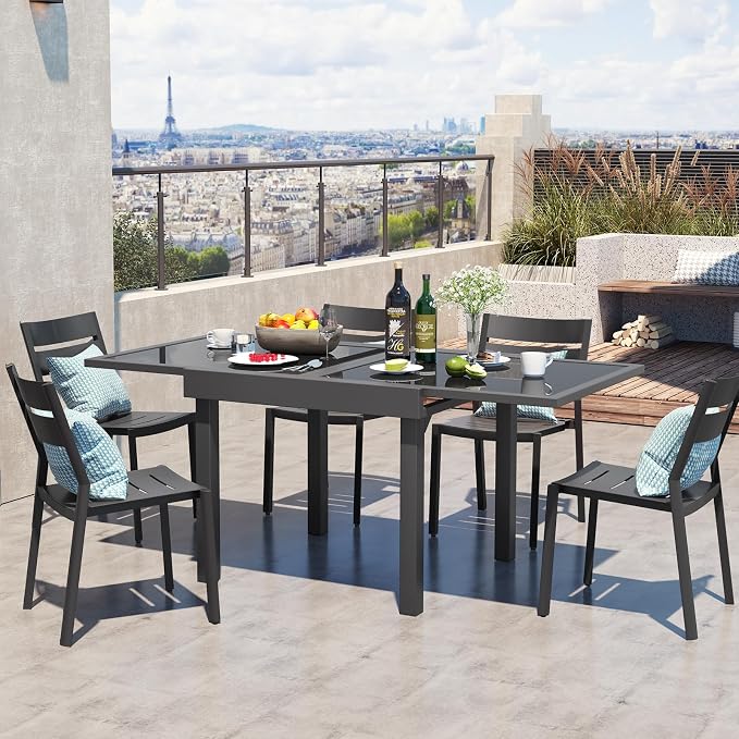 Modern Aluminum Outdoor Dining Table - Expandable Patio Glass Dining Table for 6-8, Extendable Aluminum Patio Extender Table 35" to 70" for Backyard, Porch, Deck, Garden - Dark Grey