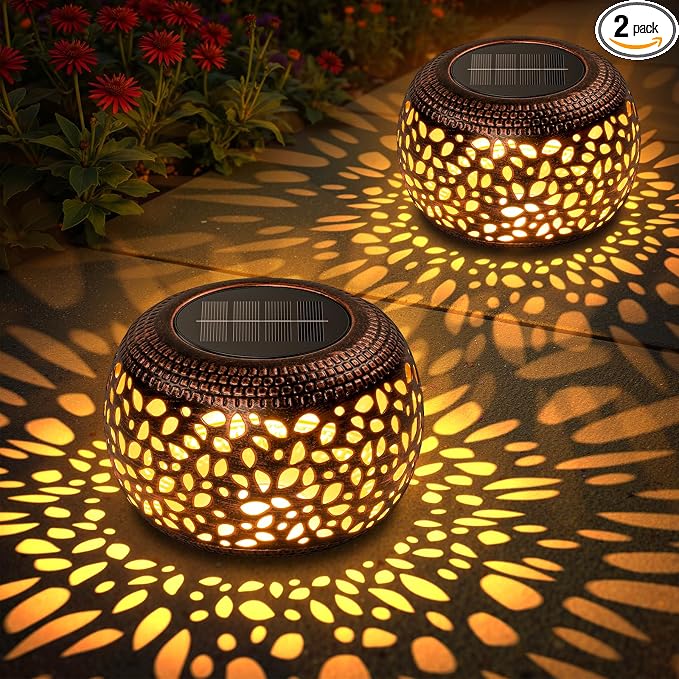 Solar Lanterns Outdoor Waterproof: 2 Pack Hollowed-Out Retro Metal Lantern Lights - Solar Lantern Decorative - Gifts for Women Mother's Day, Outside Garden Yard Patio & Indoor Tabletop Decor