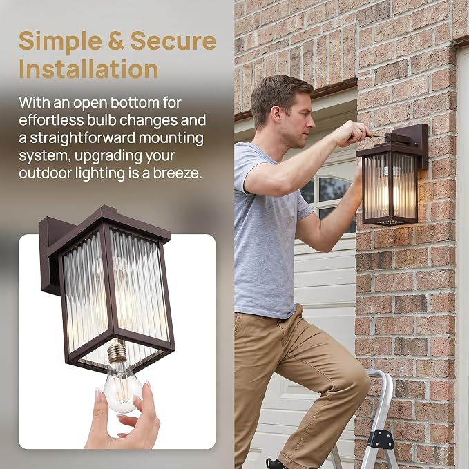 Oil-Rubbed Bronze Porch Light, Waterproof Outdoor Wall Light | Corrosion-Resistant Metal, Waterproof, Textured Glass Cuts Glare, Easy DIY Install on Porch, Garage