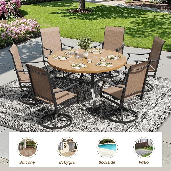 Soohow Outdoor Dining Set for 6, 7-Piece Patio Table and Chairs Set, 6 x Swivel Patio Dining Chairs and 47" Wood-Like Round Outdoor Table with 1.57" Umbrella Hole for Backyard, Poolside