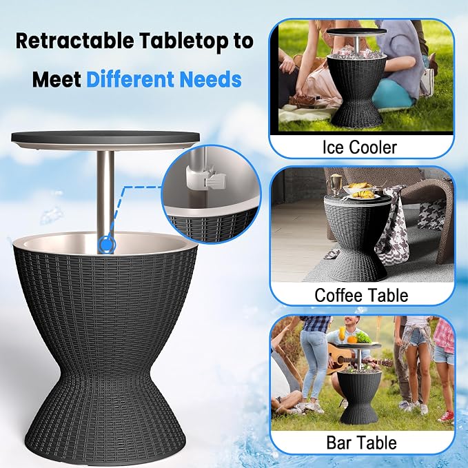 EasyUp Outdoor Cooler Bar Table – 8 Gallon Outdoor Patio Cooler Table with Drain Plug, Adjustable Height Rattan-Style Resin Cool Bar for Poolside, Deck, BBQ & Parties (Black)