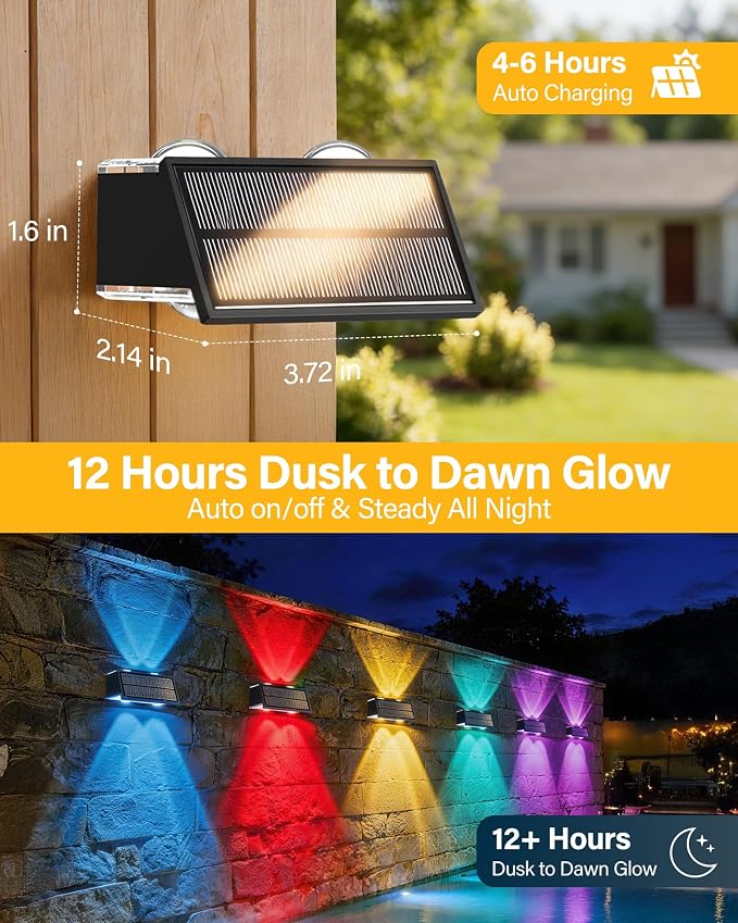 Solar Fence Lights Outdoor, 12 Pack Fence Solar Lights Waterproof | IP65 Fence Lights Solar Powered Up & Down LED Focus, 9 Color Modes, 12H Dusk to Dawn Glow for Pool/Patio/Backyard - Black