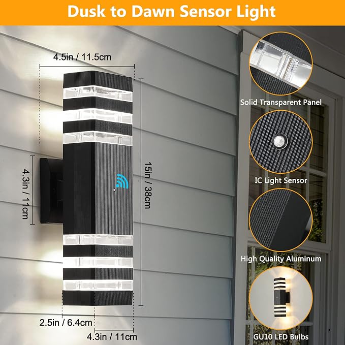4 Pack Dusk to Dawn Outdoor Light Fixture, Black Exterior Wall Lights Up and Down Porch Lights Outdoor Wall Mount Waterproof Aluminum Outside Lights for House Garage, 3-Layer, 3000K
