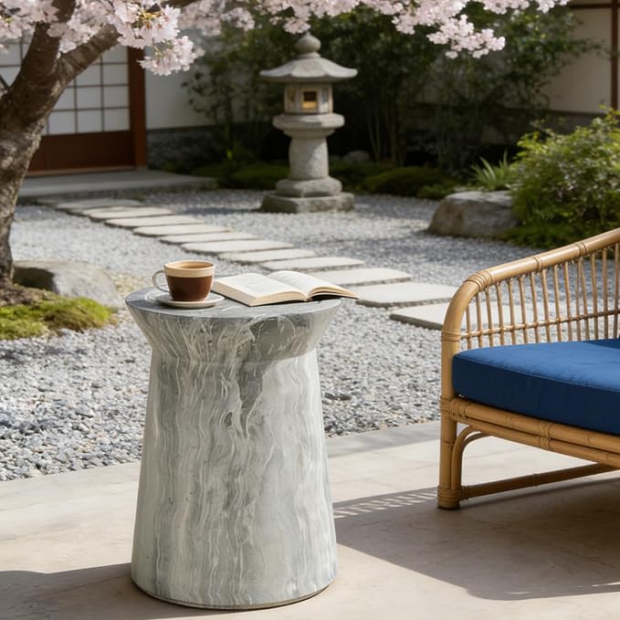 Outdoor Side Table Round Concrete Side Table Faux Stone End Tables Cement Accent Tables Patio Garden Stool Plant Stand for Porch, Backyard Balcony,12.8",Grey