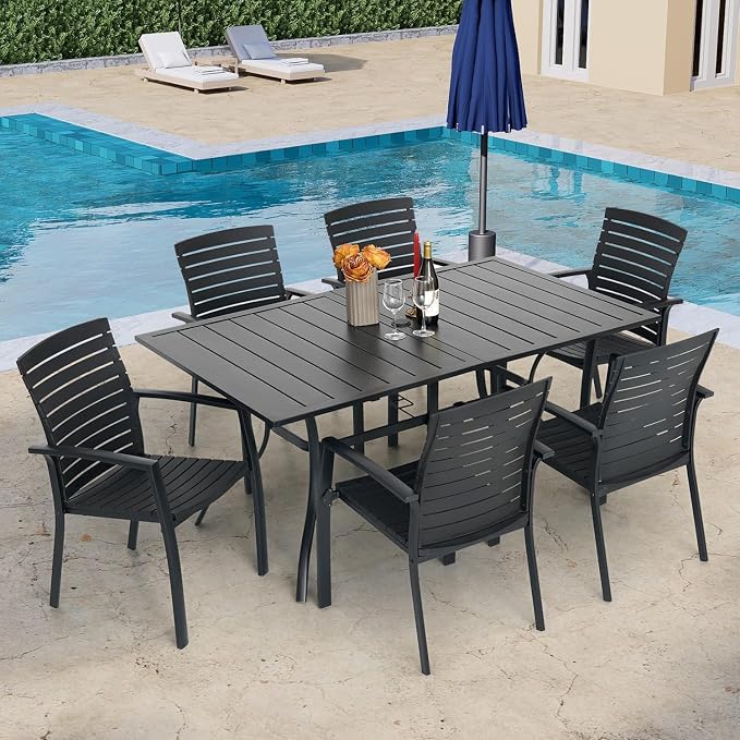 Anmutig Patio Dining Table for 6 Person, Outdoor Metal 63x38 Inch Rectangle Table with 1.57" Umbrella Hole for Garden Lawn Backyard Poolside Parties, Black