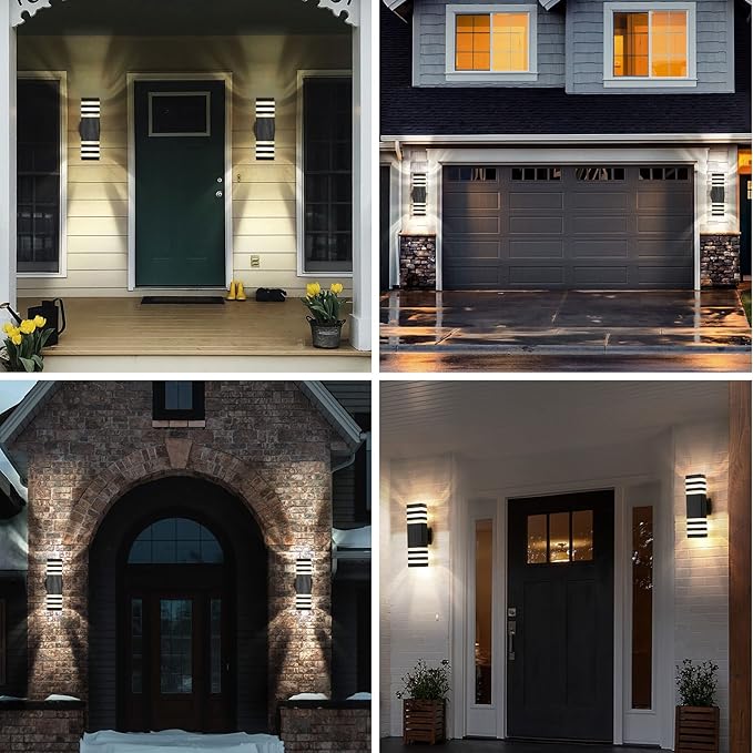 6 Pack Up and Down Outdoor Wall Lights, 3-layer Black Modern Exterior Light Fixture Wall Mount Outside Light for House, IP65 Waterproof Aluminum Outdoor Wall Sconces for Garage Porch Patio,3000K