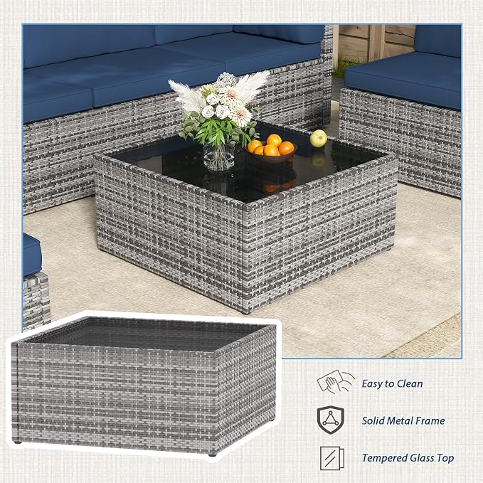 AECOJOY 7 Piece Outdoor Patio Furniture Set, Outdoor Sectional Conversation Furniture Chair with Coffee Table, Patio Sectional for Backyard, Garden(Navy Cushions and Grey PE Rattan)