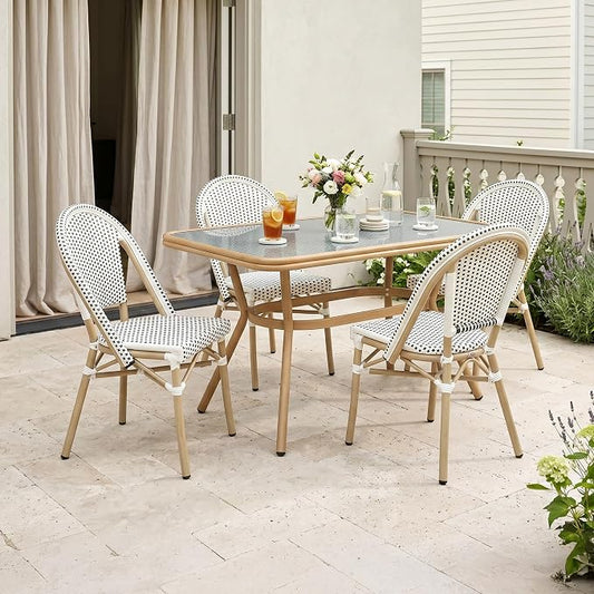 PURPLE LEAF 5-Piece French Bistro Dining Set Rectangle Outdoor Patio Table and 4 Armless Chairs Tempered Glass Top PE Rattan Champagne Print Finish Aluminum Frame White
