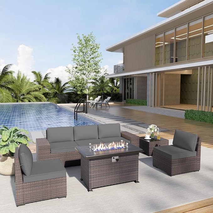 Kurapika 7 Pieces Patio Furniture Set, Rattan Wicker Outdoor Conversation Sets w/43in Propane Fire Pit Table and 4 Inch Cushion(Grey)