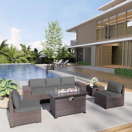Kurapika 7 Pieces Patio Furniture Set, Rattan Outdoor Conversation Sets w/43in Propane Fire Pit Table and 4 Inch Cushion(Grey)