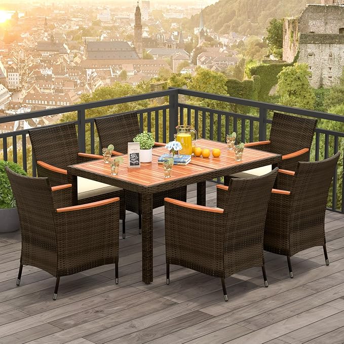 DORTALA Patio Dining Furniture Set for 6, 7 Piece PE Rattan & Acacia Wood Outdoor Table and Chairs with Umbrella Hole, Cushions for Backyard Poolside, 400 Lbs Capacity, Mix Brown