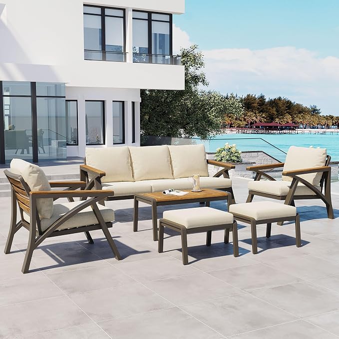 Outdoor Patio Furniture Set, 6-Piece Steel Frame Sofa Set with Acacia Wood Coffee Table, 3-Seat Couch, 2 Armchairs, 2 Ottomans, Cushioned Seating for Backyard, Garden, Poolside (Brown,Cream Beige/51)