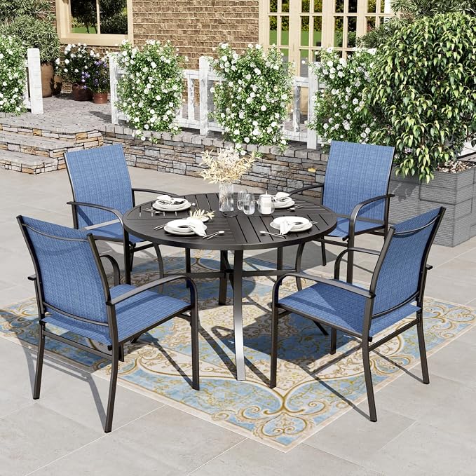 HERA'S HOUSE 5pc Patio Dining Set for 4, 42" Round Metal Table | Blue textilene chairs, umbrella hole. Waterproof, rust-resistant, all-weather for backyard, porch