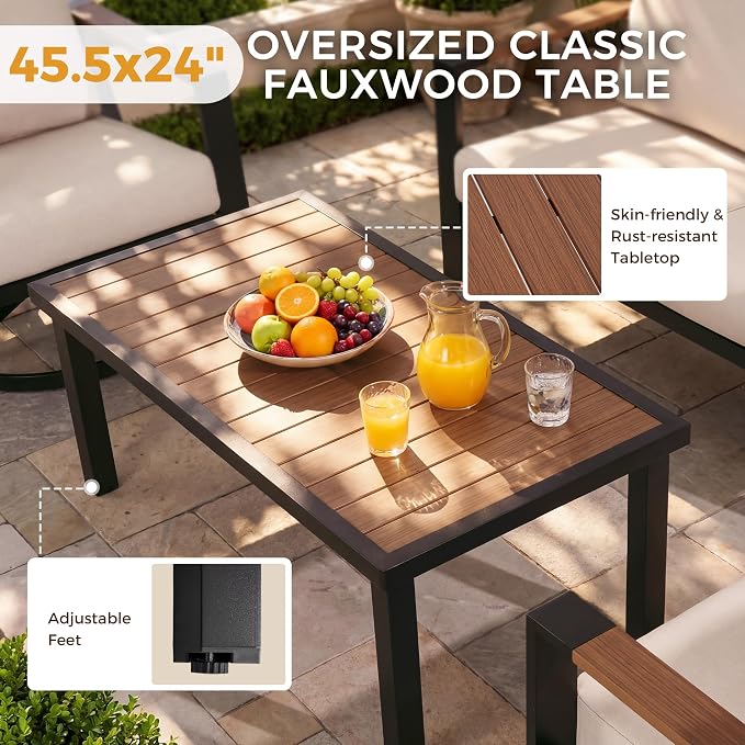 Natural Expression Patio Furniture Set, 4 Piece Metal Outdoor Conversation Set with 2 Swivel Rocker, 3-seat Sofa, Handwoven Wicker Back & Fauxwood Tabletop, 3" Wide Arm with 6" Cushion for Porch, Yard