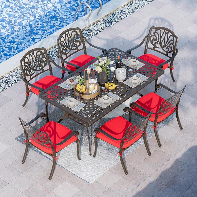 Grepatio 7 Piece Patio Dining Set Outdoor Dining Set Cast Aluminum Furniture Set with 6 Dining Chairs with Cushion and Dining Table for Backyard Garden Deck Poolside (Red)