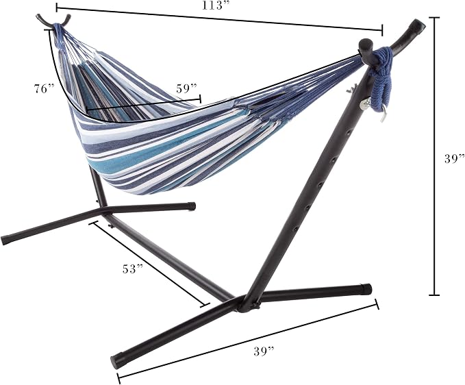 Double Brazilian Hammock with Stand– Woven Cotton, 2-Person, Outdoor Swing with Frame for Camping, Backyard or Patio by Pure Garden (Blue Stripes)