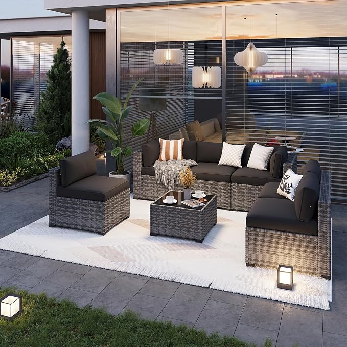 Aoxun Patio Furniture Sets, 7-Piece Outdoor Patio Furniture with Thick Cushions, Wicker Outdoor Conversation Set Sectional Sofa for Backyard, Poolside, Garden (Black-Grey, 7 x 25.6 - Seats)