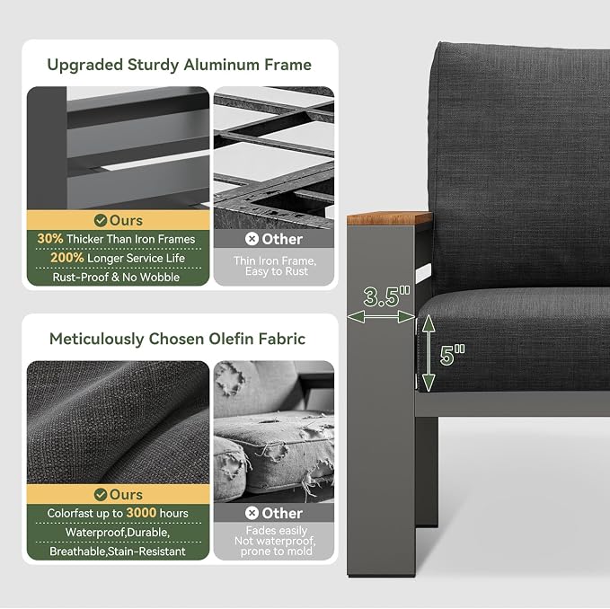 Aoxun Patio Furniture Set, 5 Piece Aluminum Patio Sets with 5" Thicken & Washable Cushion, Waterproof Outdoor Furniture with Coffee Table, Outdoor Couch Sectional for Backyard, Porch and Garden
